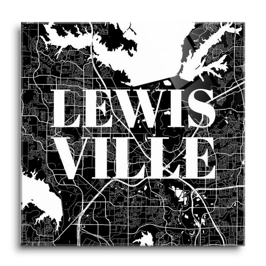 Minimalistic B&W Texas Lewisville Map | Hi-Def Glass Art | Eaches | Min 1