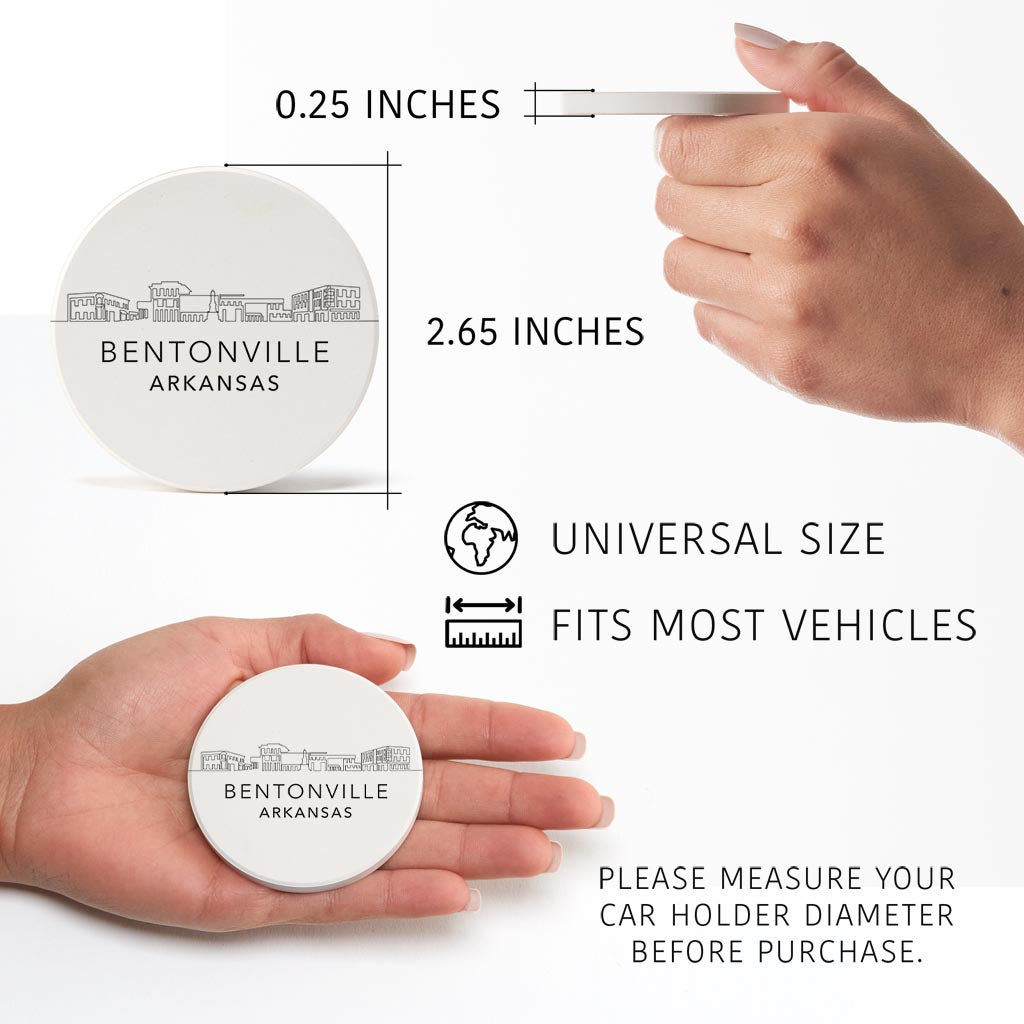 Minimalist B&W Arkansas Bentonville Skyline State| Absorbent Car Coasters | Set of 2 | Min 4