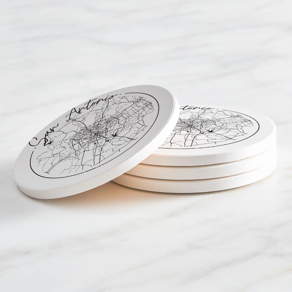 Modern San Antonio Round Map | Absorbent Coasters | Set of 4 | Min 2