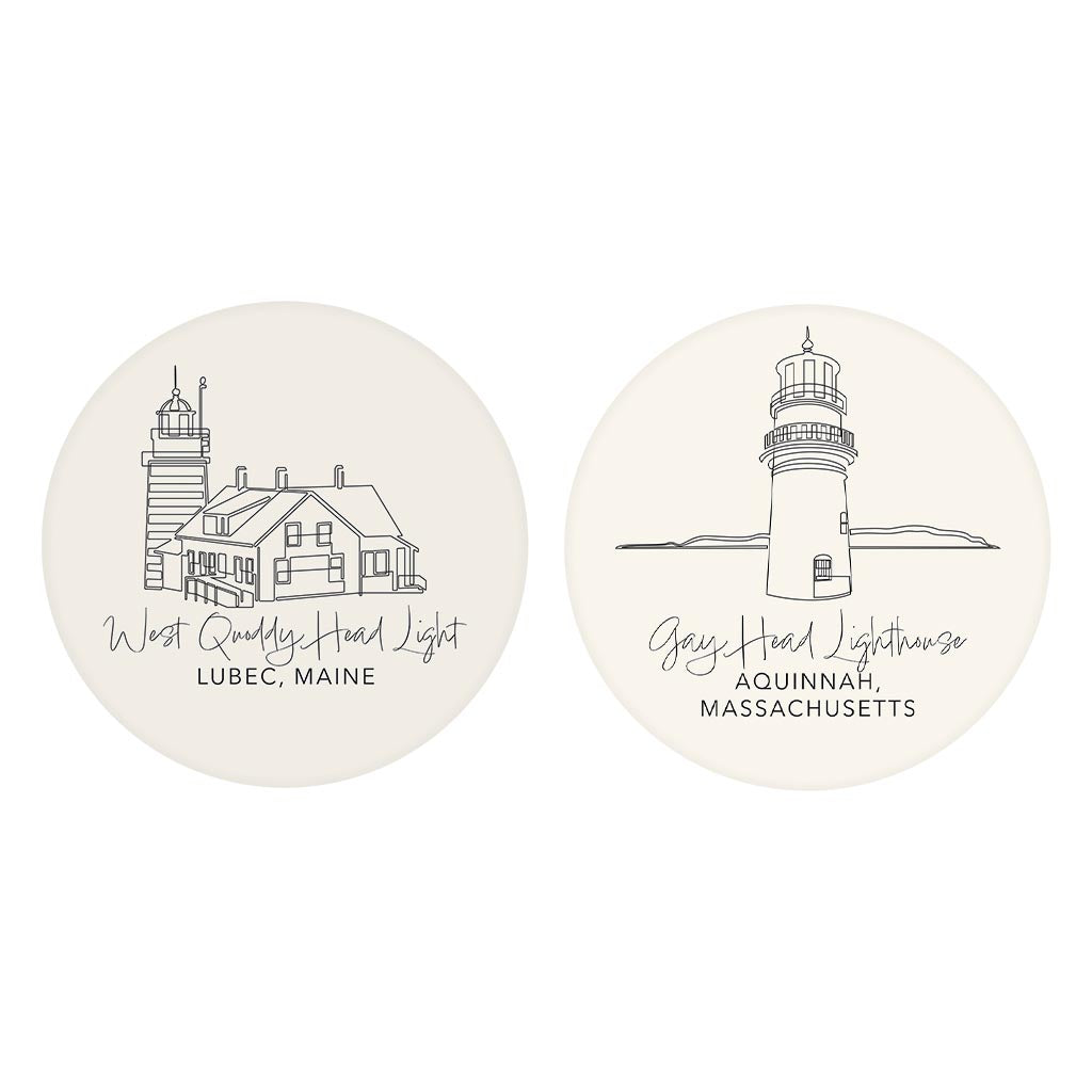 New England Lighthouses Cream Colored | Absorbent Car Coasters | Set of 2 | Min 4