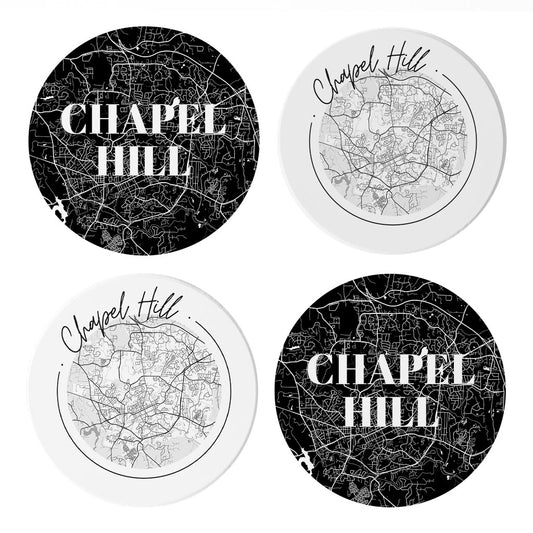 Minimalistic B&W North Carolina Chapel Hill Maps | Absorbent Coasters | Set of 4 | Min 2