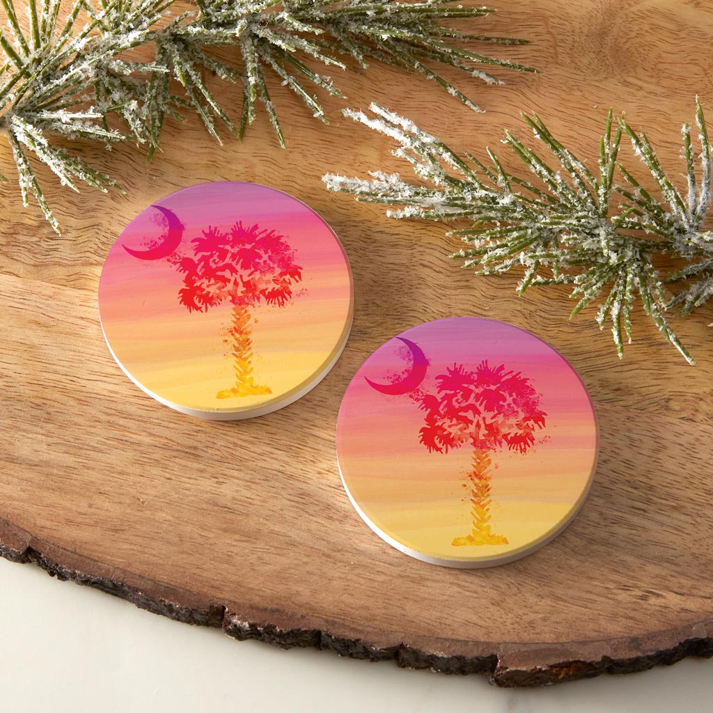 South Carolina Pink Water Color Palm Trees | Absorbent Car Coasters | Set of 2 | Min 4