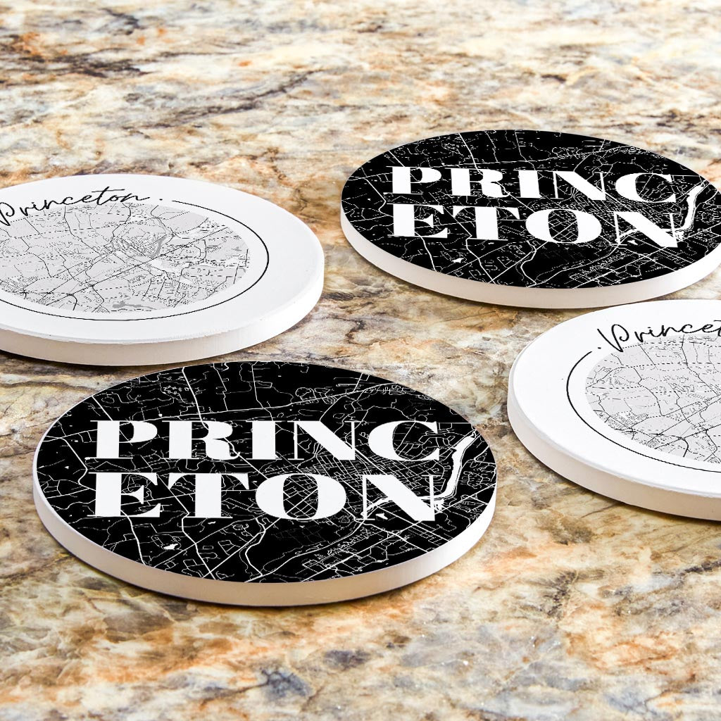 Minimalistic B&W New Jersey Princeton Maps | Absorbent Coasters | Set of 4 | Min 2