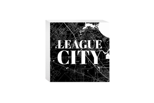 Minimalistic B&W Texas League City Map| Wood Block | Eaches | Min 4
