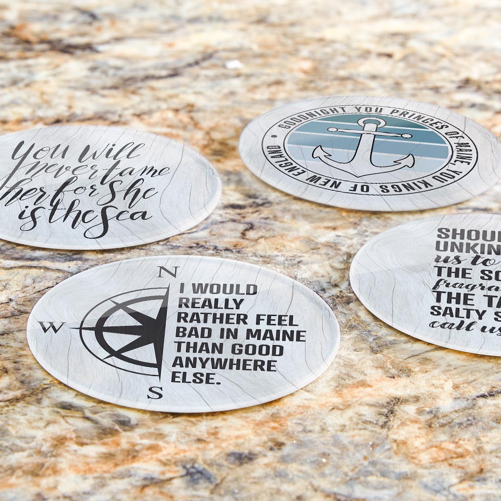 New England Sayings With Wood Grain | Hi-Def Glass Coasters | Set of 4 | Min 2