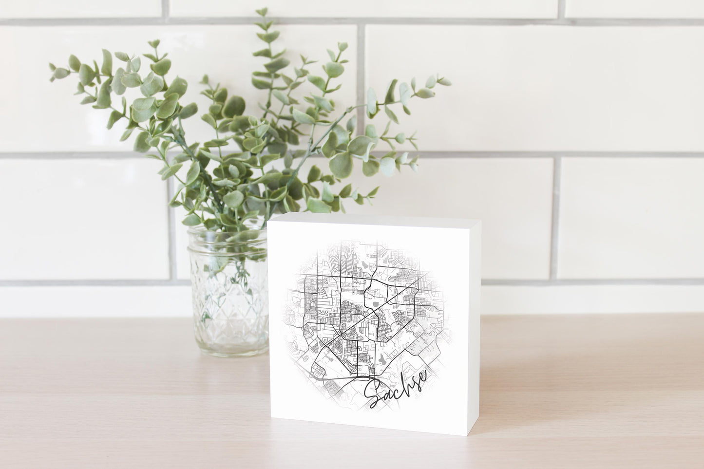 Minimalistic B&W Texas Sachse Circle Map | Wood Block | Eaches | Min 4