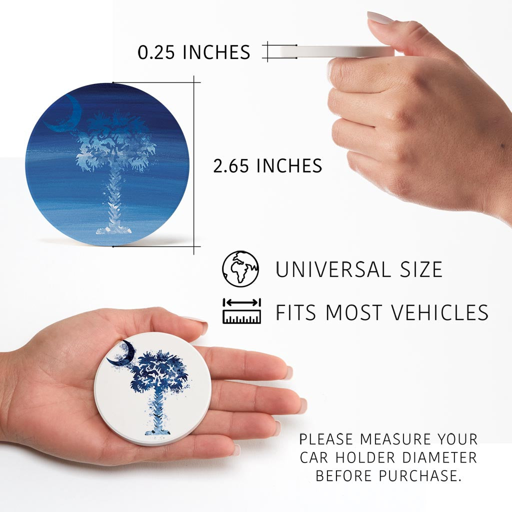 South Carolina Water Color Palm Trees Blue| Absorbent Car Coasters | Set of 2 | Min 4