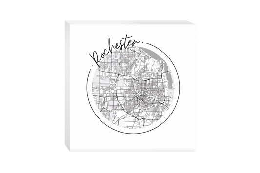 Minimalistic B&W New York Rochester Circle Map | Wood Block | Eaches | Min 2
