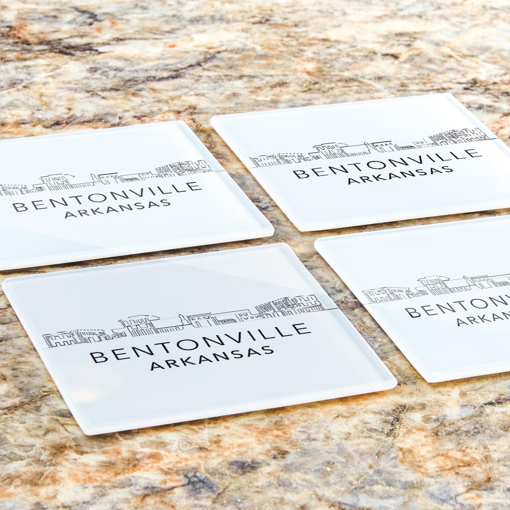 Minimalist B&W Arkansas Bentonville Skyline State | Hi-Def Glass Coasters | Set of 4 | Min 2