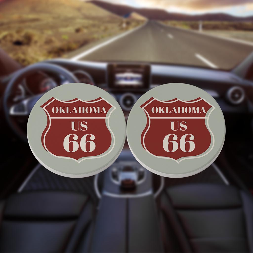 Modern Minimalist Oklahoma Us 66 Blue | Absorbent Car Coasters | Set of 2 | Min 4