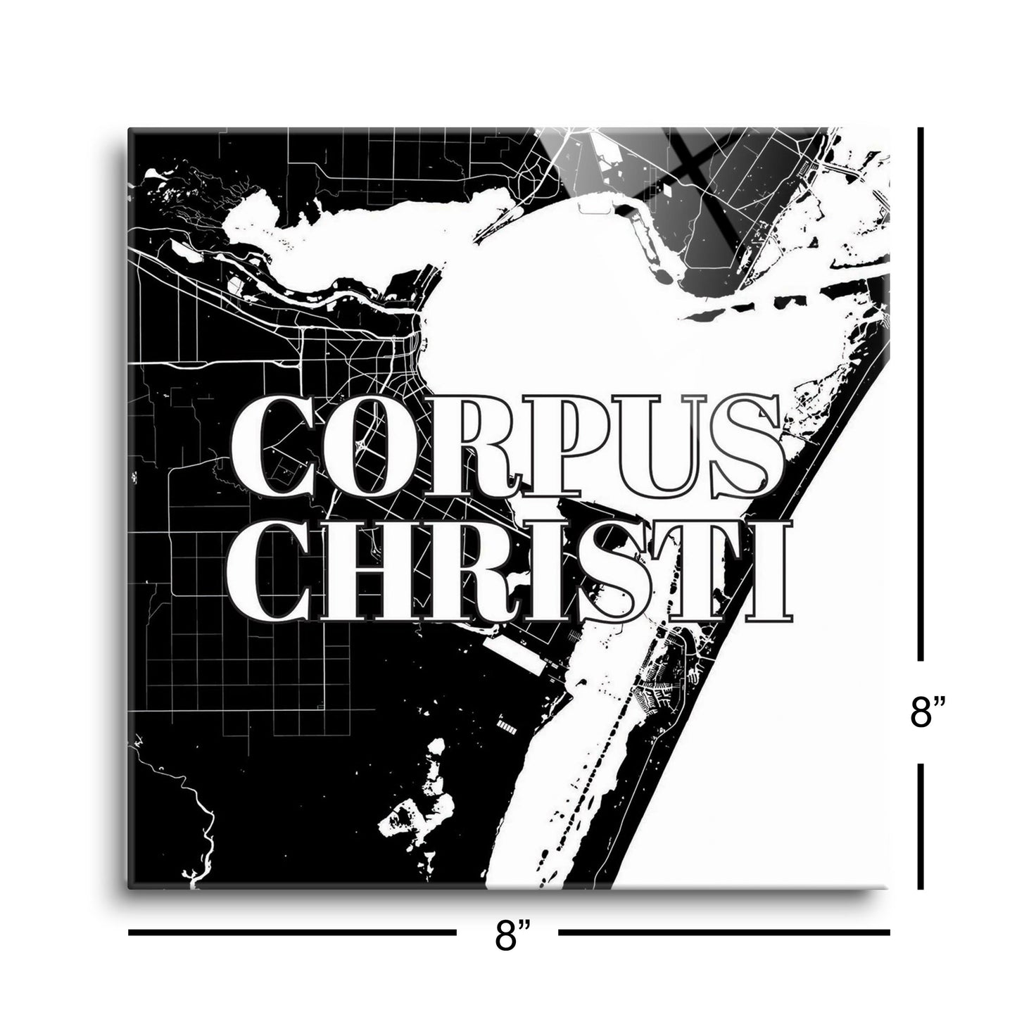 Minimalistic B&W Texas Corpus Christi Map | Hi-Def Glass Art | Eaches | Min 2