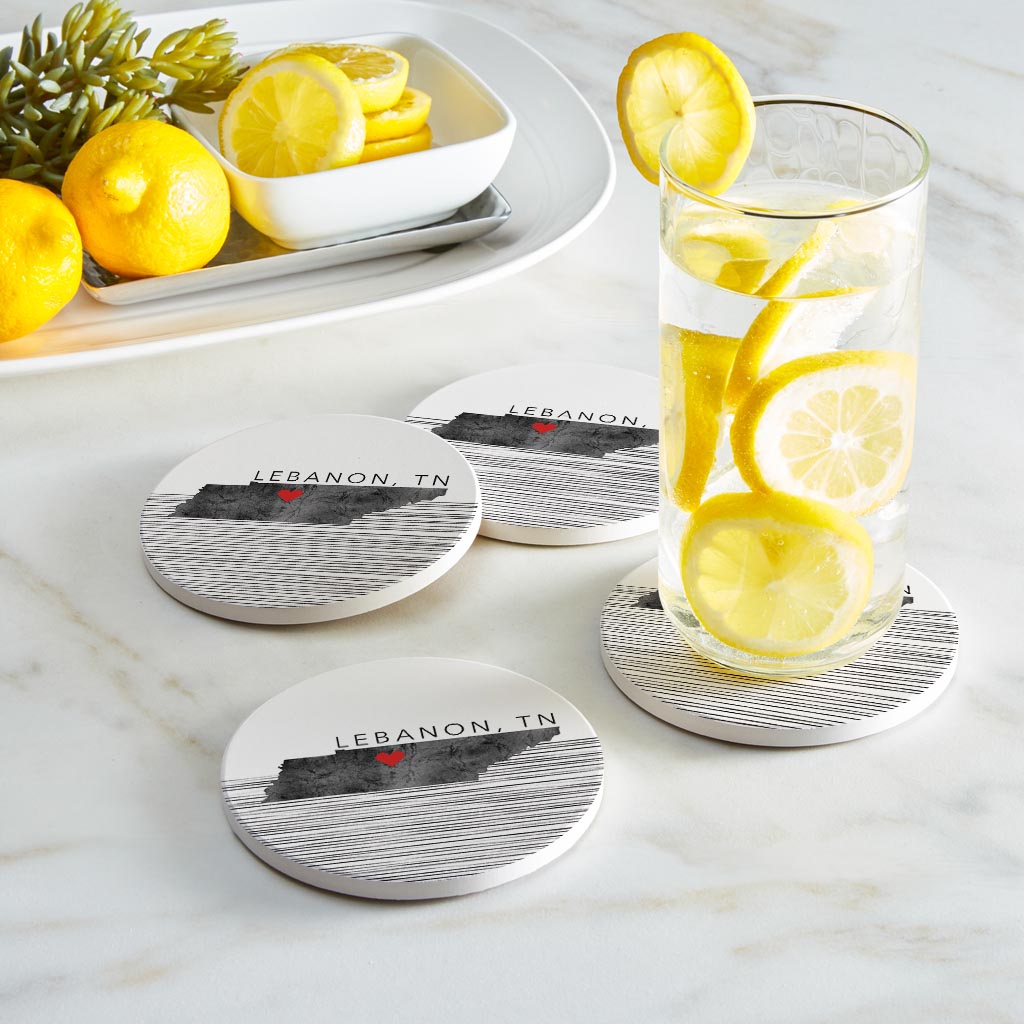 Minimalist B&W Tennessee State Lebanon Heart | Absorbent Coasters | Set of 4 | Min 2
