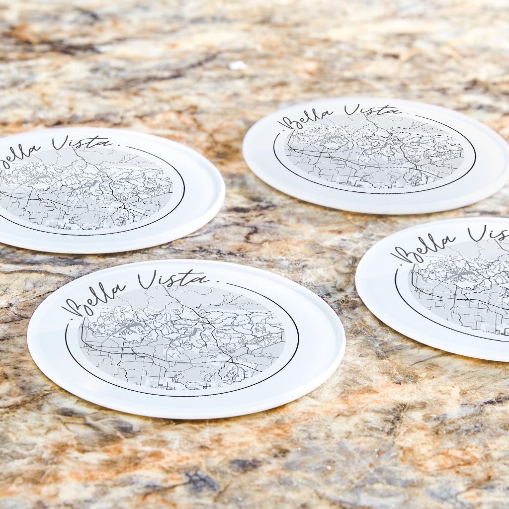 Minimalist B&W Arkansas Bella Vista Circle Map | Hi-Def Glass Coasters | Set of 4 | Min 2
