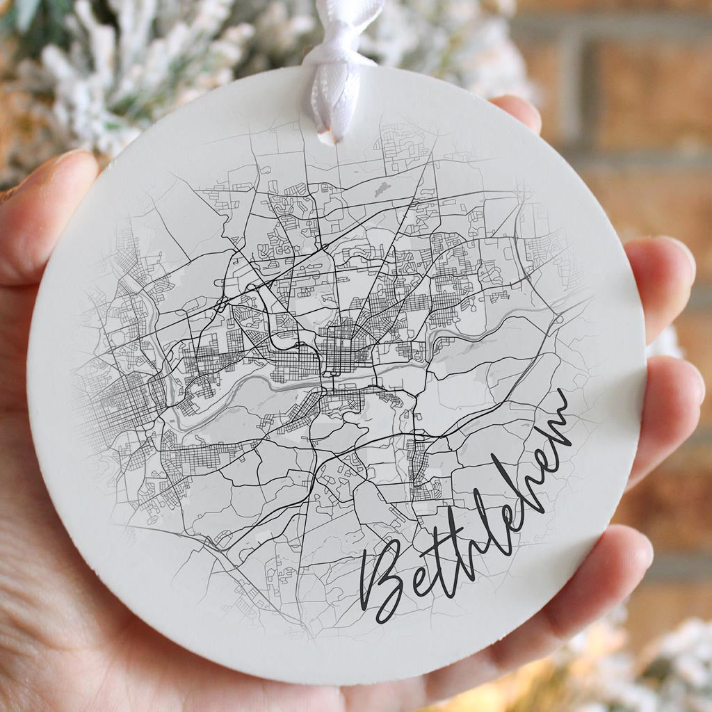 Minimalistic B&W Pennsylvania Bethlehem Circle Map | Wood Ornament | Eaches | Min 6