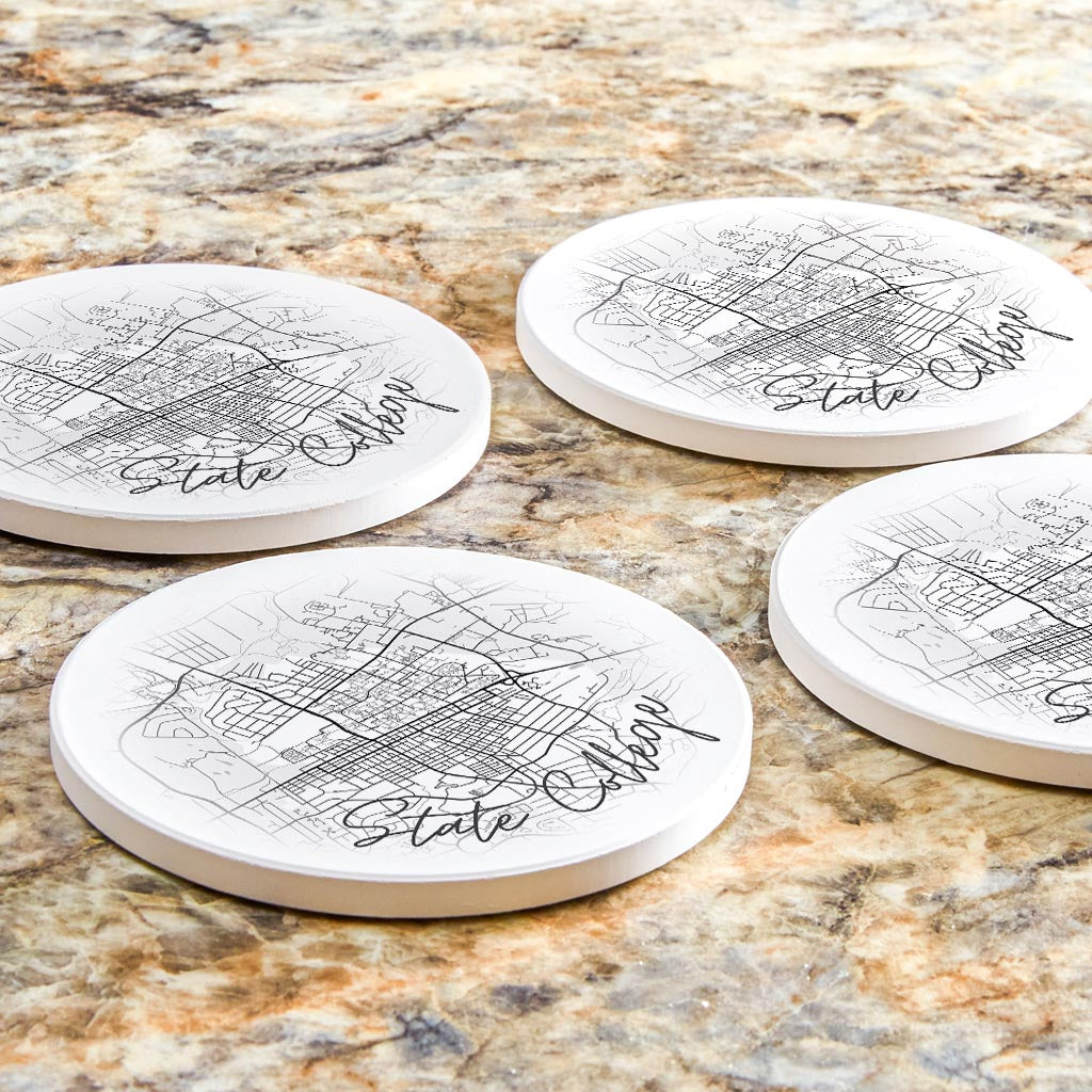 Minimalistic B&W Pennsylvania State College Circle Map | Absorbent Coasters | Set of 4 | Min 2