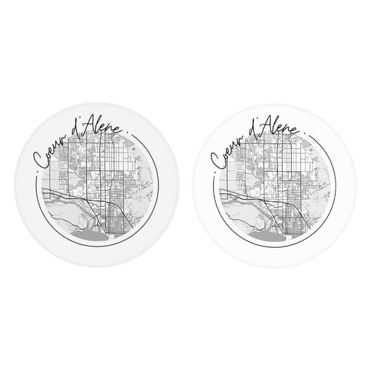 Minimalist B&W Idaho Coeur Dalene Circle Map | Absorbent Car Coasters | Set of 2 | Min 4