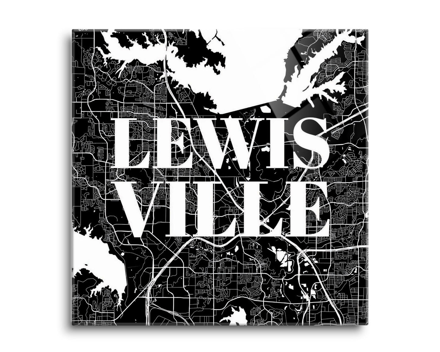 Minimalistic B&W Texas Lewisville Map | Hi-Def Glass Art | Eaches | Min 2