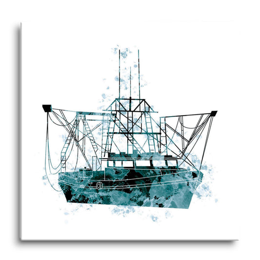 Blue White Water Color Shrimp Boat | Hi-Def Glass Art | Eaches | Min 1
