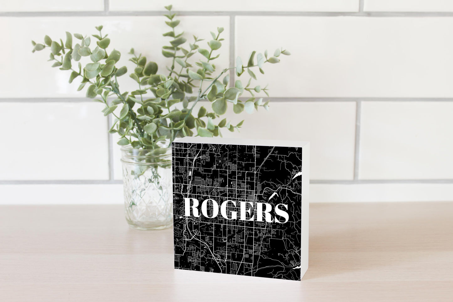 Minimalist B&W Arkansas Rogers Map | Wood Block | Eaches | Min 4