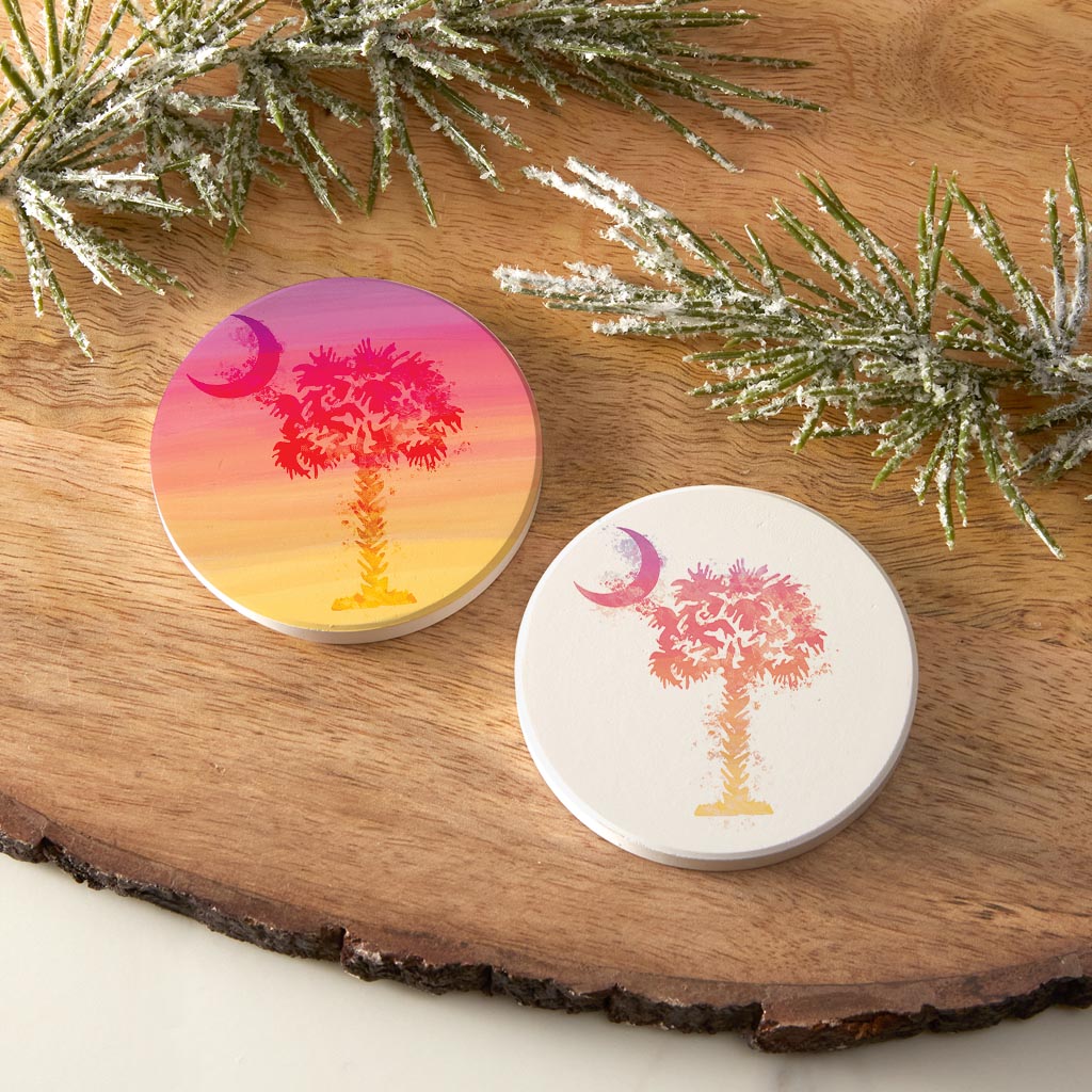 South Carolina Water Color Palm Trees Pink| Absorbent Car Coasters | Set of 2 | Min 4
