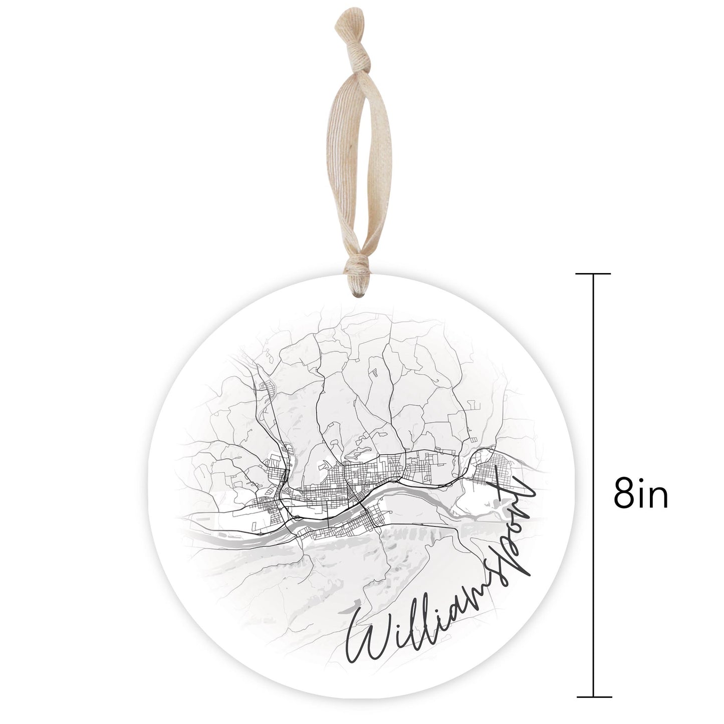 Minimalistic B&W Pennsylvania Williamsport Circle Map | Wood Ornament | Eaches | Min 1
