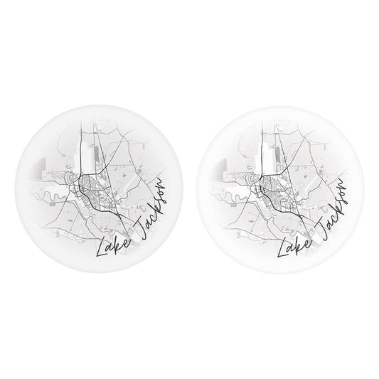 Minimalistic B&W Texas Lake Jackson Circle Map | Absorbent Car Coasters | Set of 2 | Min 4