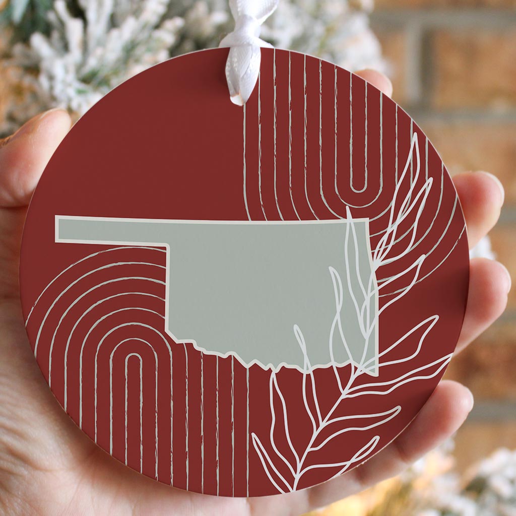 Modern Minimalist Oklahoma State Shape With Leaf| Wood Ornament | Eaches | Min 6