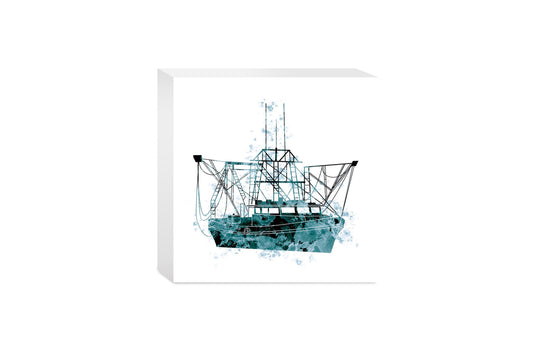 Blue White Water Color Shrimp Boat | Wood Block | Eaches | Min 4