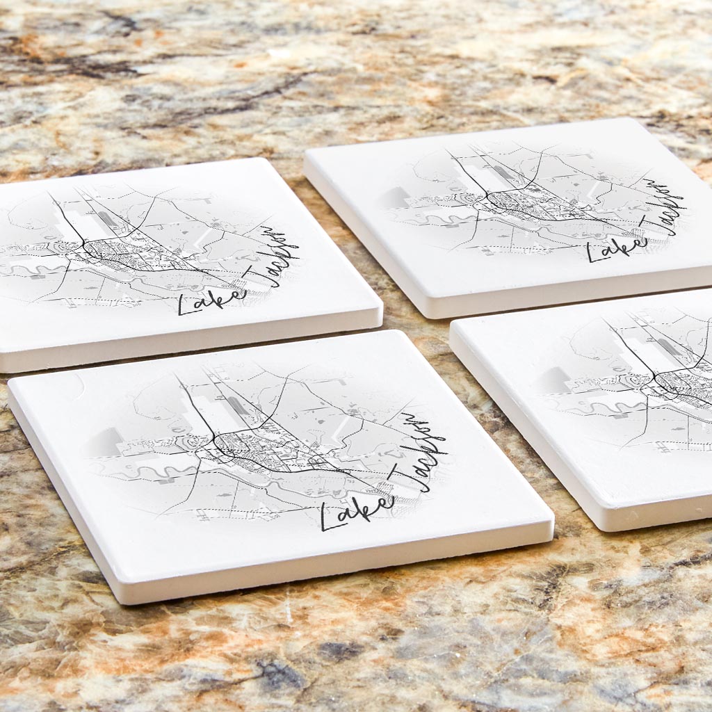 Minimalistic B&W Texas Lake Jackson Circle Map | Absorbent Coasters | Set of 4 | Min 2
