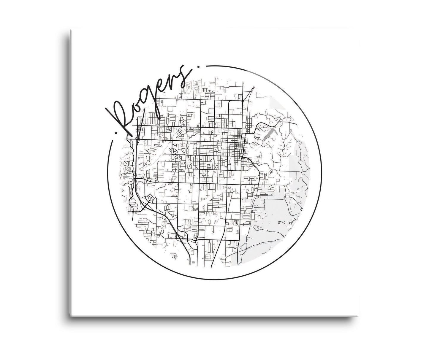 Minimalist B&W Arkansas Rogers Circle Map | Hi-Def Glass Art | Eaches | Min 2