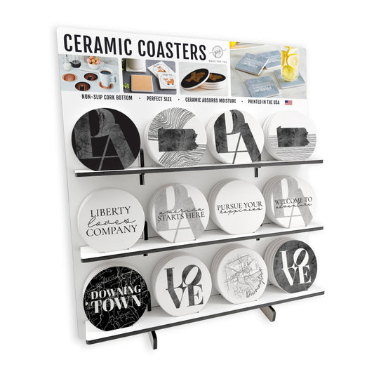 Minimalistic B&W Pennsylvania Downingtown Circle Ceramic Coaster Loaded Display POP Min of 1