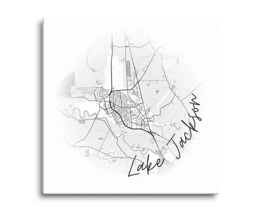 Minimalistic B&W Texas Lake Jackson Circle Map | Hi-Def Glass Art | Eaches | Min 2