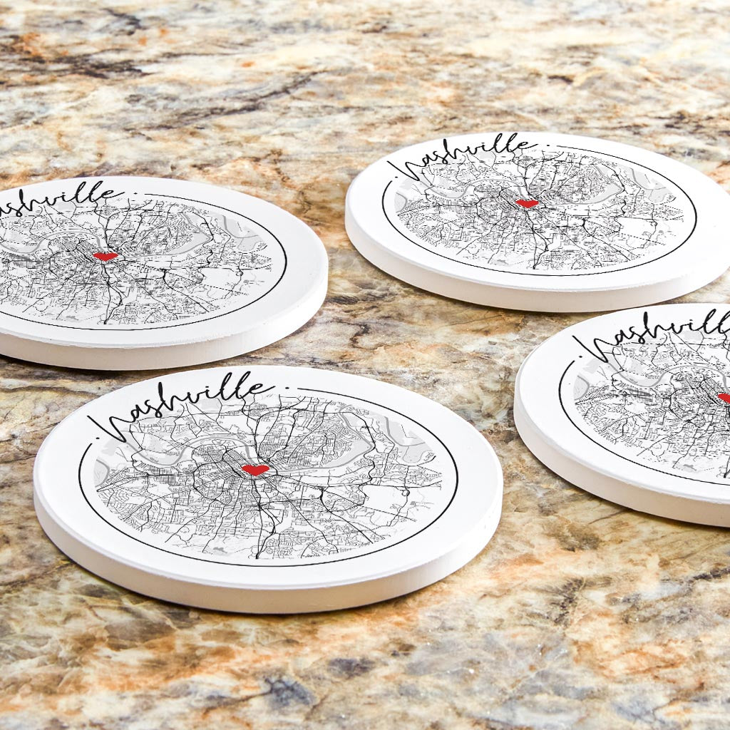 Minimalist B&W Tennessee Nashville Circle Map Heart| Absorbent Coasters | Set of 4 | Min 2