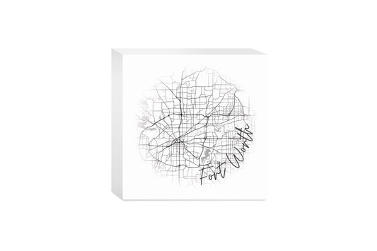 Minimalistic B&W Texas Fort Worth Circle Map | Wood Block | Eaches | Min 4
