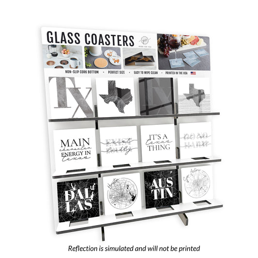 Modern Black & White Texas Square Glass Coaster Loaded Display POP Min of 1