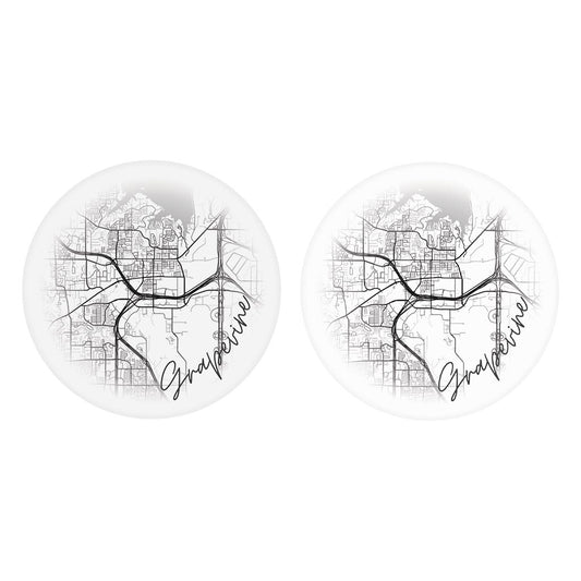 Minimalistic B&W Texas Grapevine Circle Map | Absorbent Car Coasters | Set of 2 | Min 4