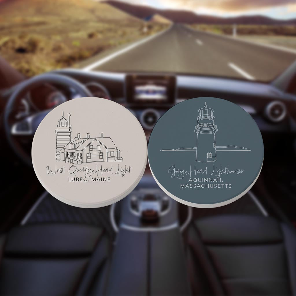 New England Lighthouses Muted Coastal | Absorbent Car Coasters | Set of 2 | Min 4