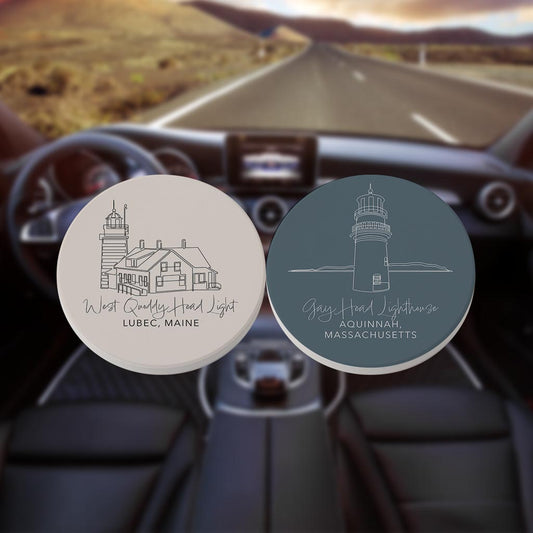 New England Lighthouses Muted Coastal | Absorbent Car Coasters | Set of 2 | Min 4