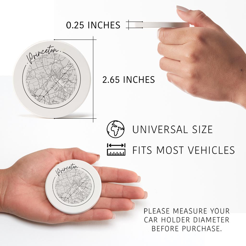Minimalistic B&W New Jersey Princeton Circle Map | Absorbent Car Coasters | Set of 2 | Min 4