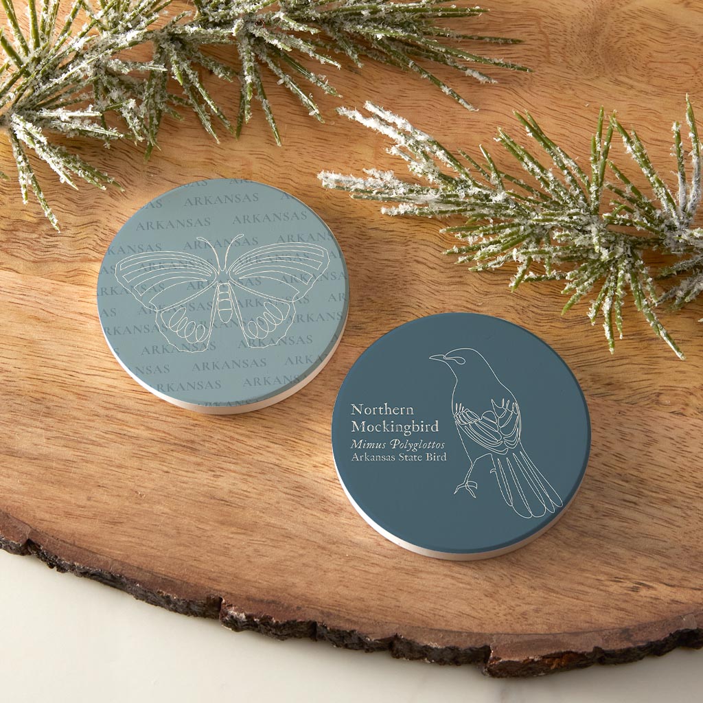 Modern Minimalist Arkansas Butterfly Mockingbird| Absorbent Car Coasters | Set of 2 | Min 4