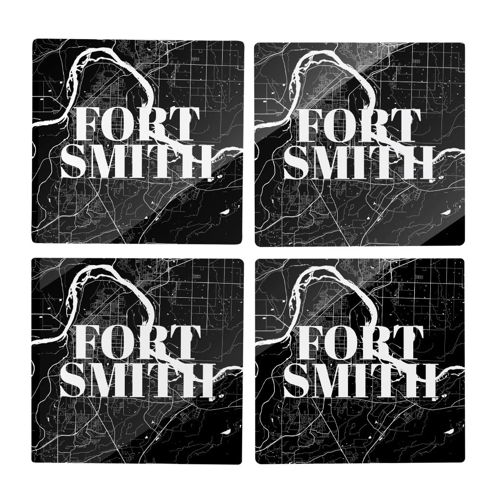 B&W Minimalist Arkansas Fort Smith Map | Hi-Def Glass Coasters | Set of 4 | Min 2