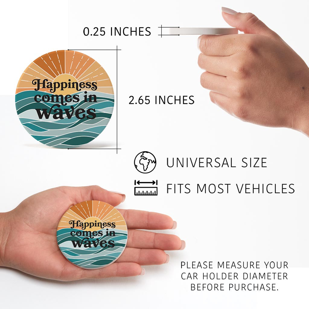 Happiness Comes In Waves | Absorbent Car Coasters | Set of 2 | Min 4