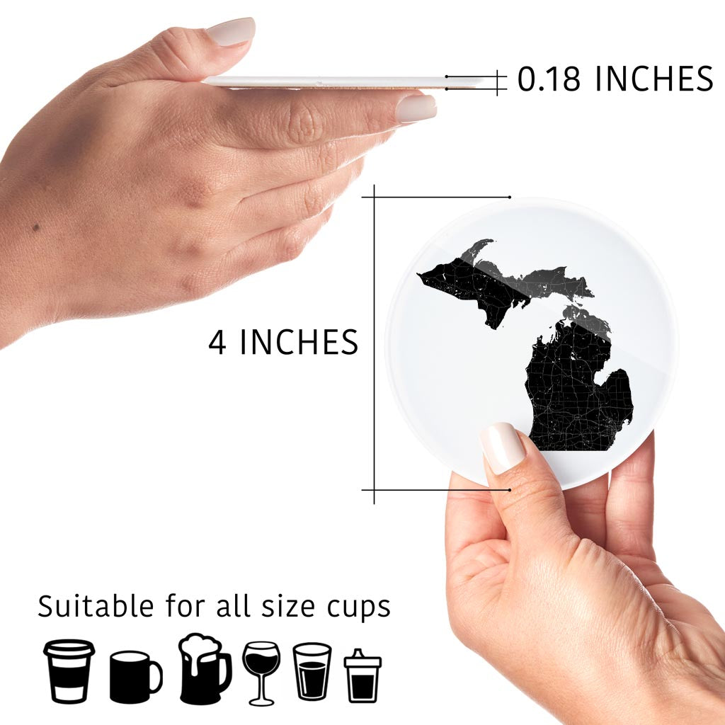 Minimalistic B&W Michigan Map Petoskey Star | Hi-Def Glass Coasters | Set of 4 | Min 2