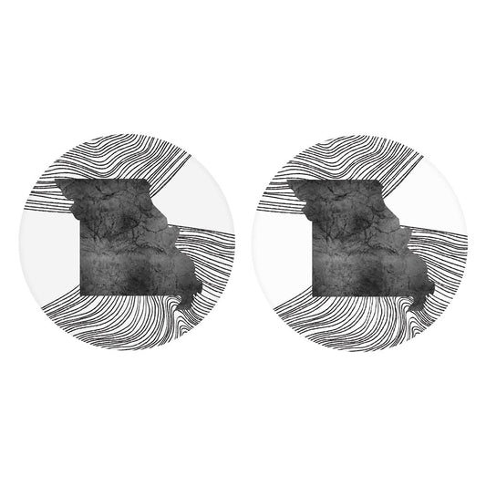 Minimalist B&W Missouri State With Fluid Lines | Absorbent Car Coasters | Set of 2 | Min 4