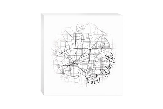 Minimalistic B&W Texas Fort Worth Circle Map | Wood Block | Eaches | Min 2