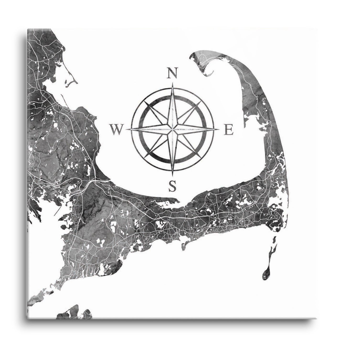 Minimalistic B&W Cape Cod Map With Compass | Hi-Def Glass Art | Eaches | Min 1