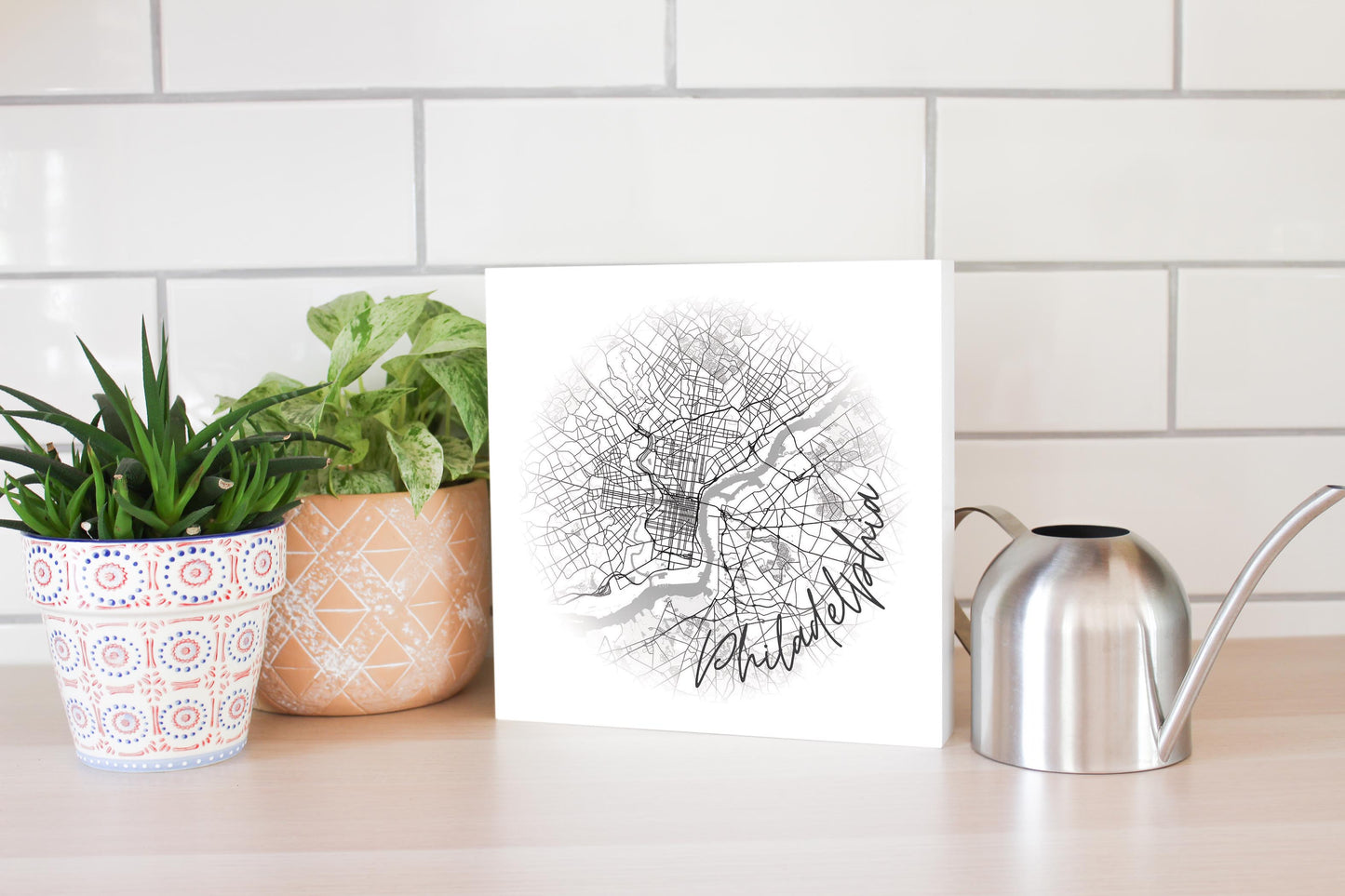 Minimalistic B&W Pennsylvania Philadelphia Circle Map | Wood Block | Eaches | Min 2