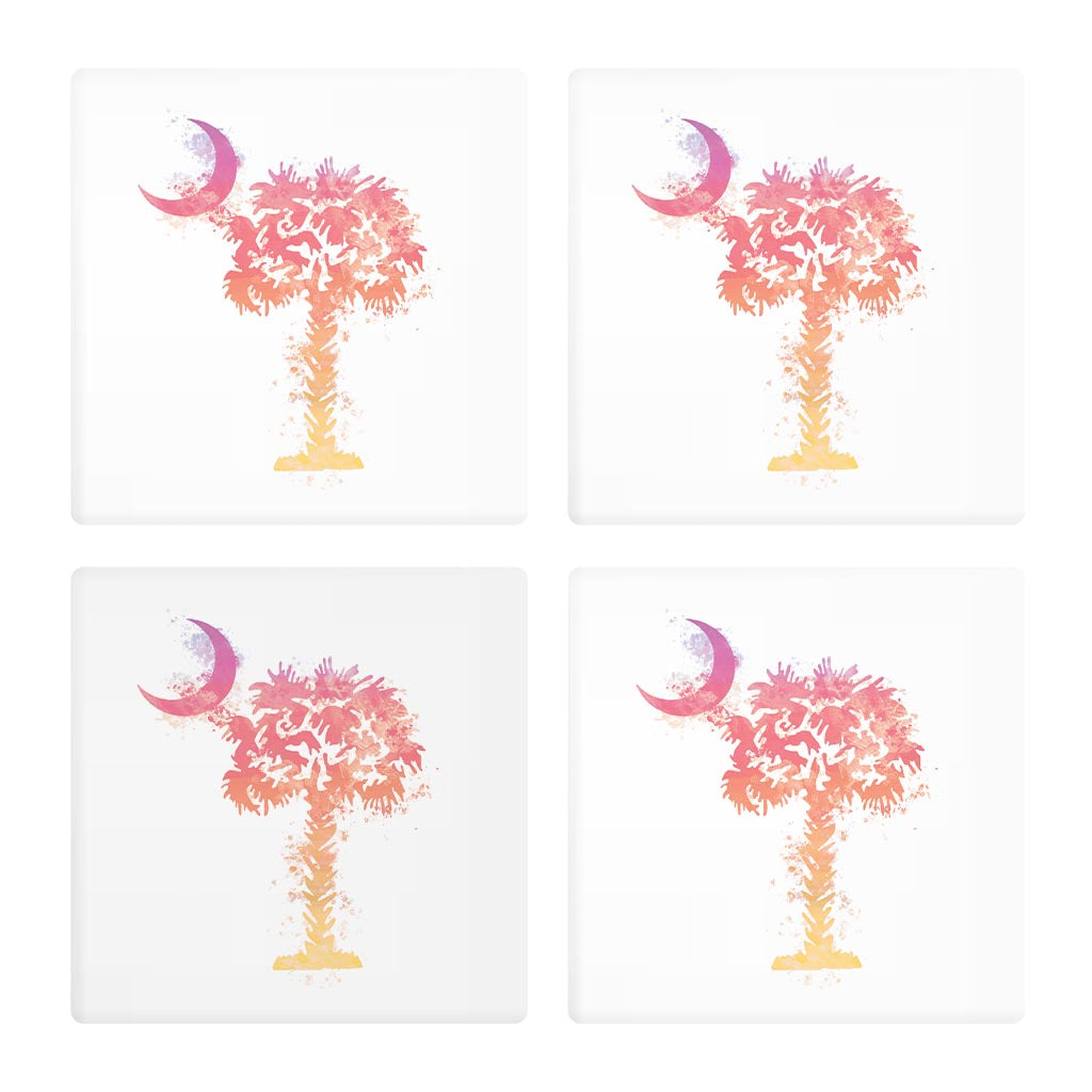 South Carolina Pink Water Color Palm Trees On White| Absorbent Coasters | Set of 4 | Min 2