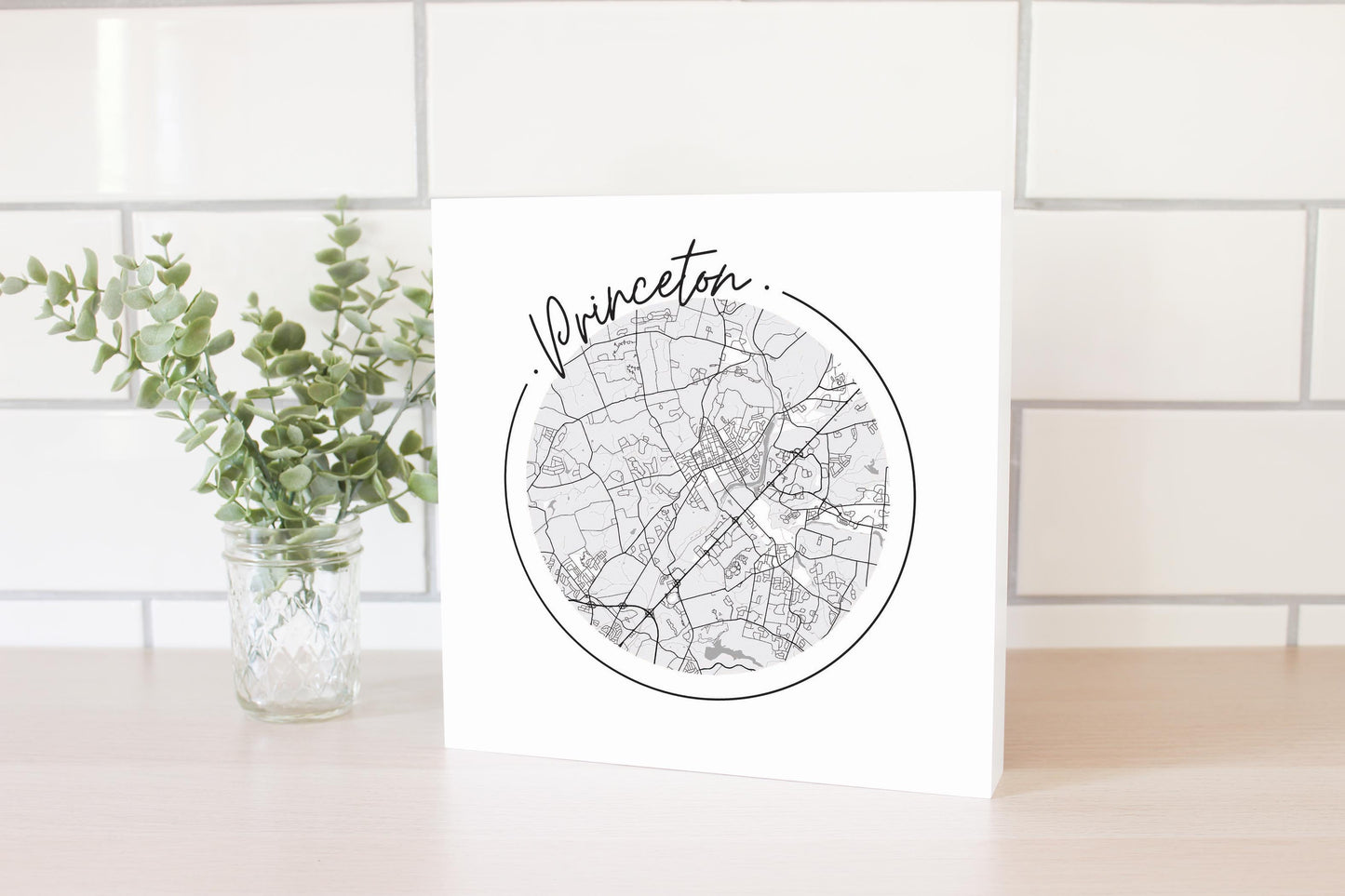 Minimalistic B&W New Jersey Princeton Circle Map | Wood Block | Eaches | Min 2