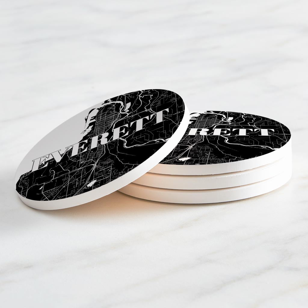 Minimalistic B&W Washington Everett Map | Absorbent Coasters | Set of 4 | Min 2